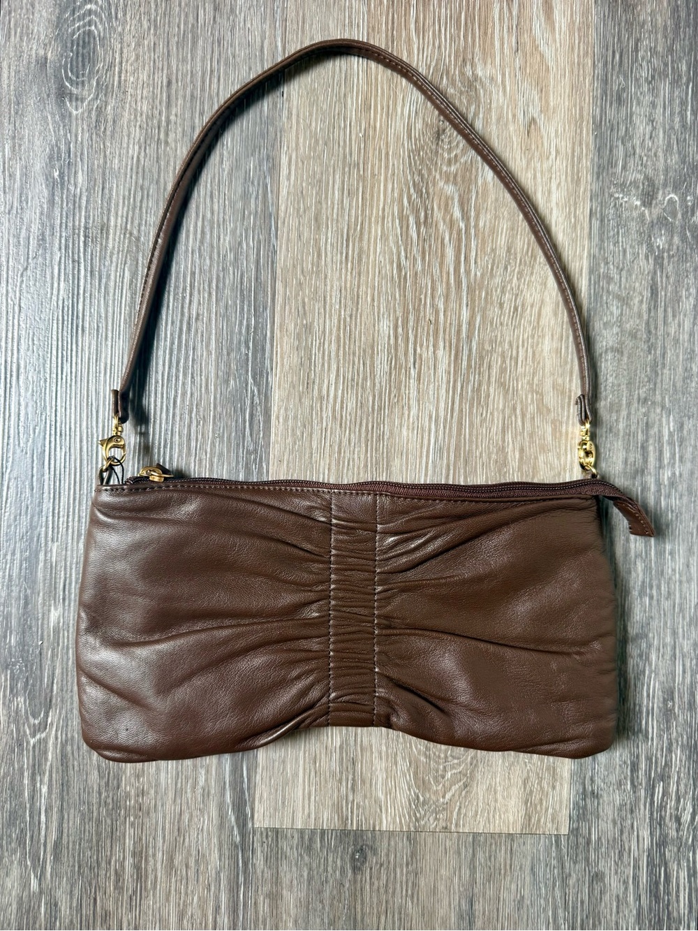 Dark Brown Gathered Leather Shoulder Bag Baguette